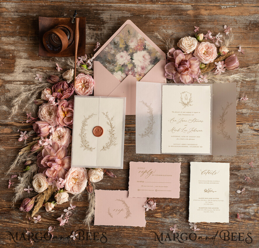 Elegant wedding invitation copper wax, Boho wedding invitations, Floral Elegant Wedding Invites, Botanical wedding Stationery