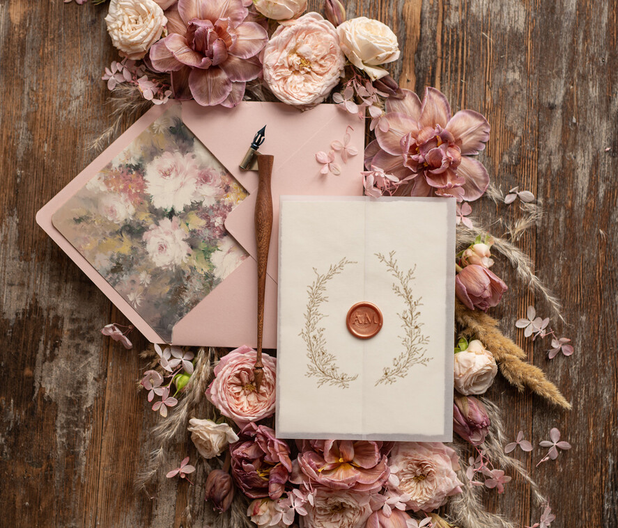 Elegant wedding invitation copper wax, Boho wedding invitations, Floral Elegant Wedding Invites, Botanical wedding Stationery