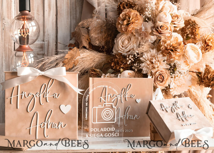 Wedding Beige Guest Book Personalised and sign set, Velvet Instant Photo Book Boho Elegant Instax Wedding Photo Guestbook