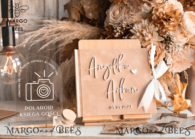 Wedding Beige Guest Book Personalised and sign set, Velvet Instant Photo Book Boho Elegant Instax Wedding Photo Guestbook