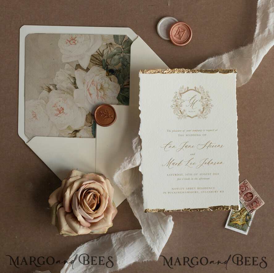 Elegance Unveiled: Crests & Monograms Fine Art Wedding Invitations with Handmade Charm, Ivory or White Allure, and Enchanting Floral Emblems