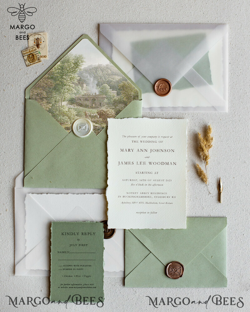 “Timelessly Elegant: Vintage Sage Green Wedding Invitations with Handmade Vellum Suite and Minimalistic Greenery”
