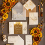 “Golden Glitter Wedding Invites: Luxurious Gold Foil and Romantic Sunflower Wedding Invitations for a Glamorous Nude Wedding Stationery”