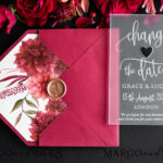 Luxury Wedding Save the Date: Personalized Plexi Satin with Maroon Envelope