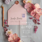 “Luxury Wedding Save the Date: Personalized Plexi Satin Invitation with Blush Pink Envelope and Acrylic Satin Touch”