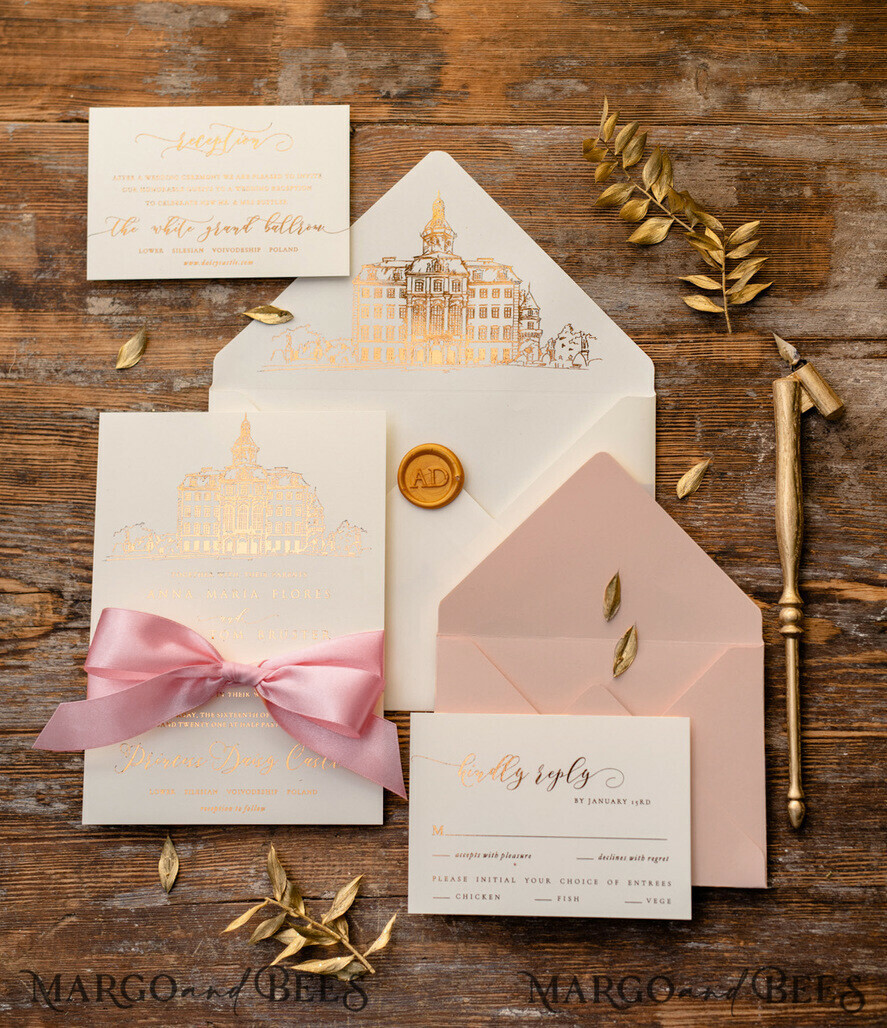 Elevate Romance with Elegant Custom Venue Sketch Wedding Invitations: A Symphony of Luxury, Gold Foil, and Acrylic Elegance