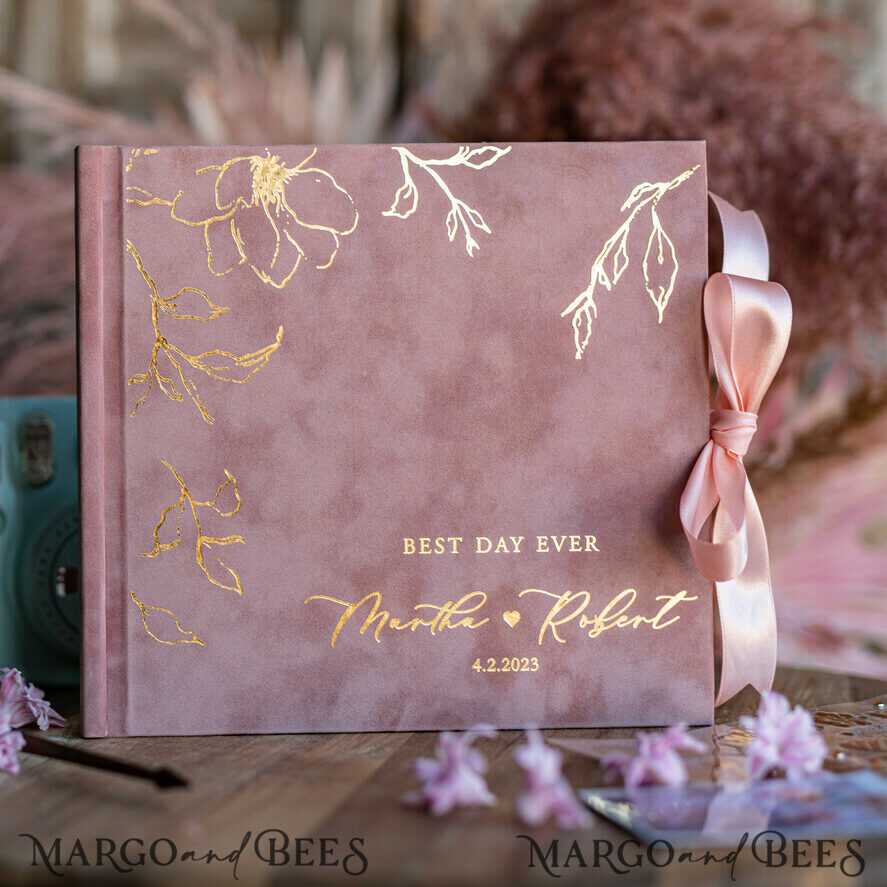 Elegant Blush Pink Instax velvet Wedding GuestBook Gold, Large Instant Wedding Guest Book, Polaroid velvet Guestbook Pink Golden wedding