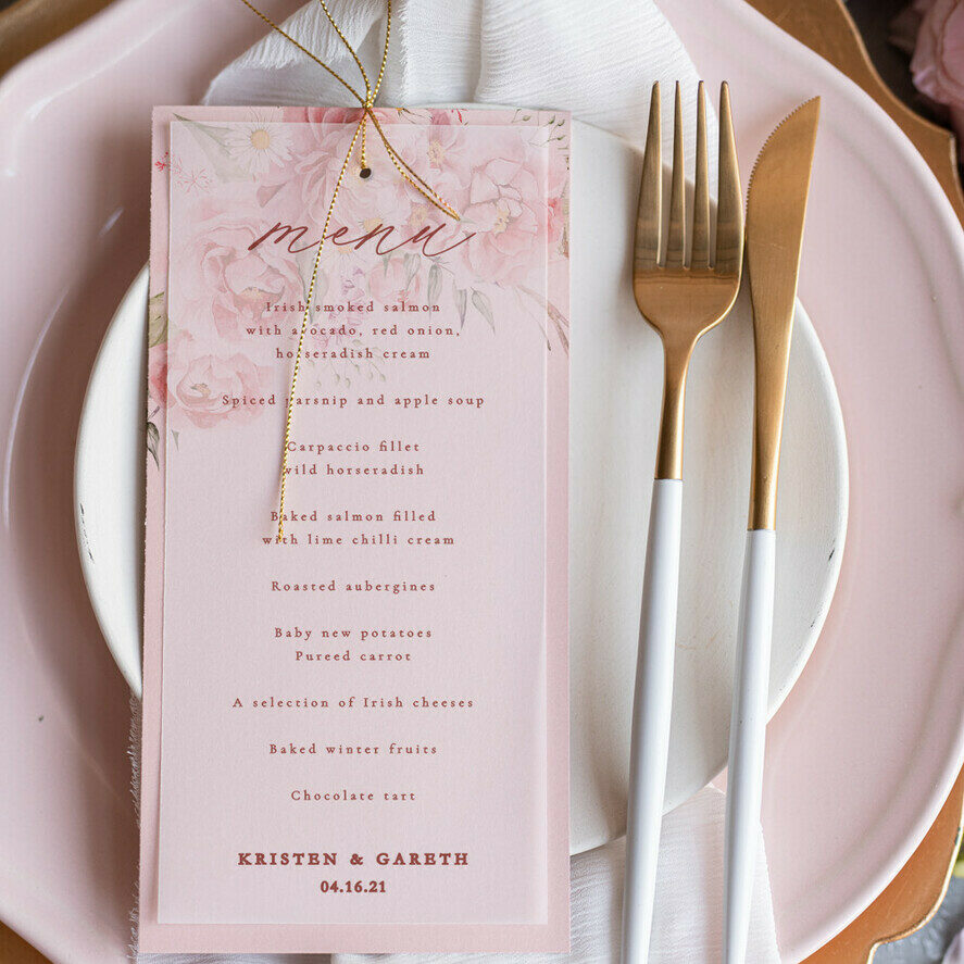 Romantic Floral Wedding Menu, Elegant Blush Pink Wedding Menus With Vellum Cover And Twine, Glamour Pink Wedding Menu Cards, Luxury Boho Floral Wedding Menu