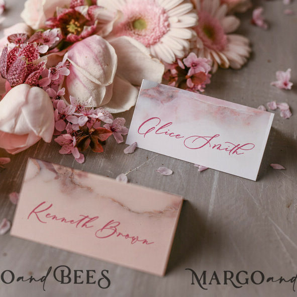 Romantic Blush Pink Marble Wedding Place Cards with Pink Custom Wording, Elegant Stationery Name Cards for Your Wedding Tables, Luxury White Marble Place Cards