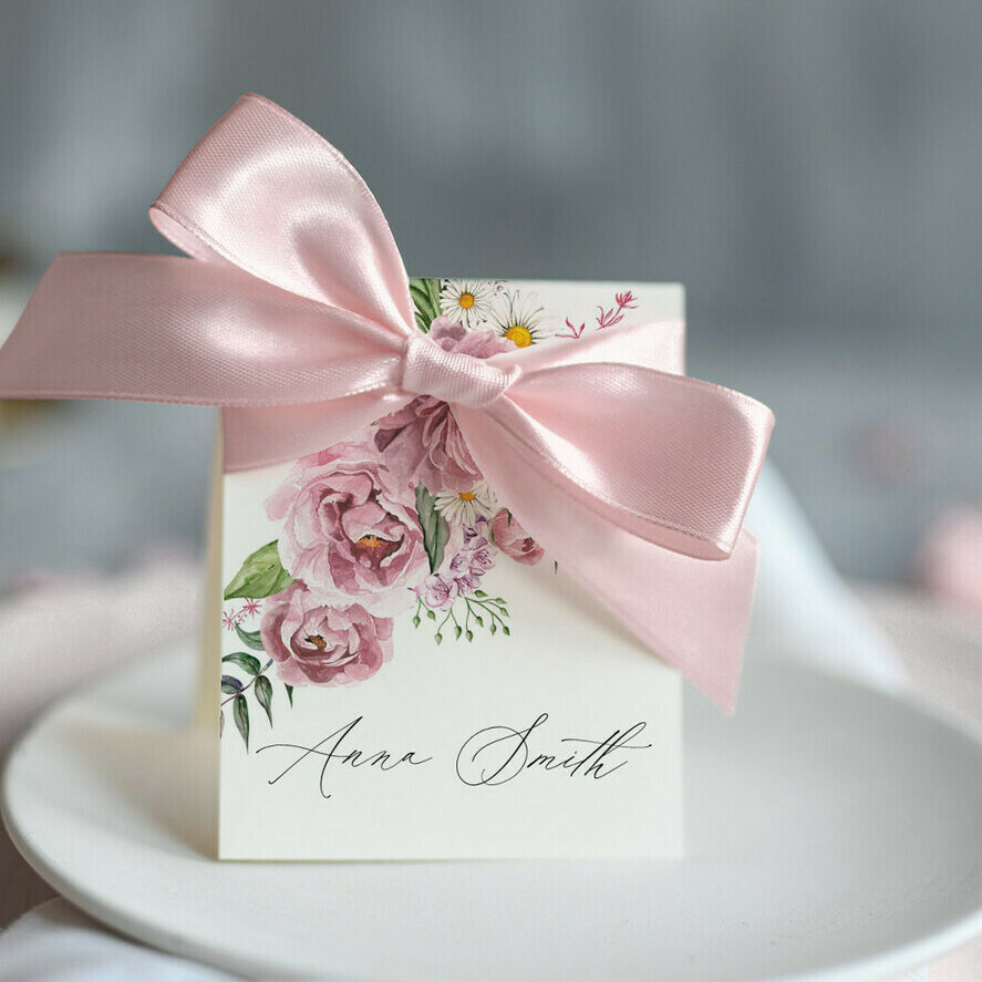 Romantic Ivory Floral Wedding Table Place Cards with Pink Ribbon, Modern Elegant Botanical Place Cards, Glamour Table Cards, Gorgeous Floral Wedding Name Tags