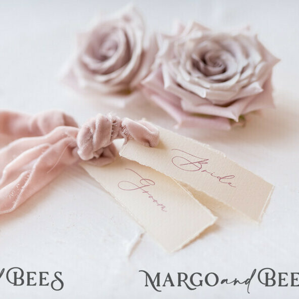 Romantic Ivory Wedding Place Cards with Blush Pink Velvet Ribbon, Elegant Cards with Blush Pink Custom Wording, Minimalistic Name Tags, Decle-Edged Wedding Tags