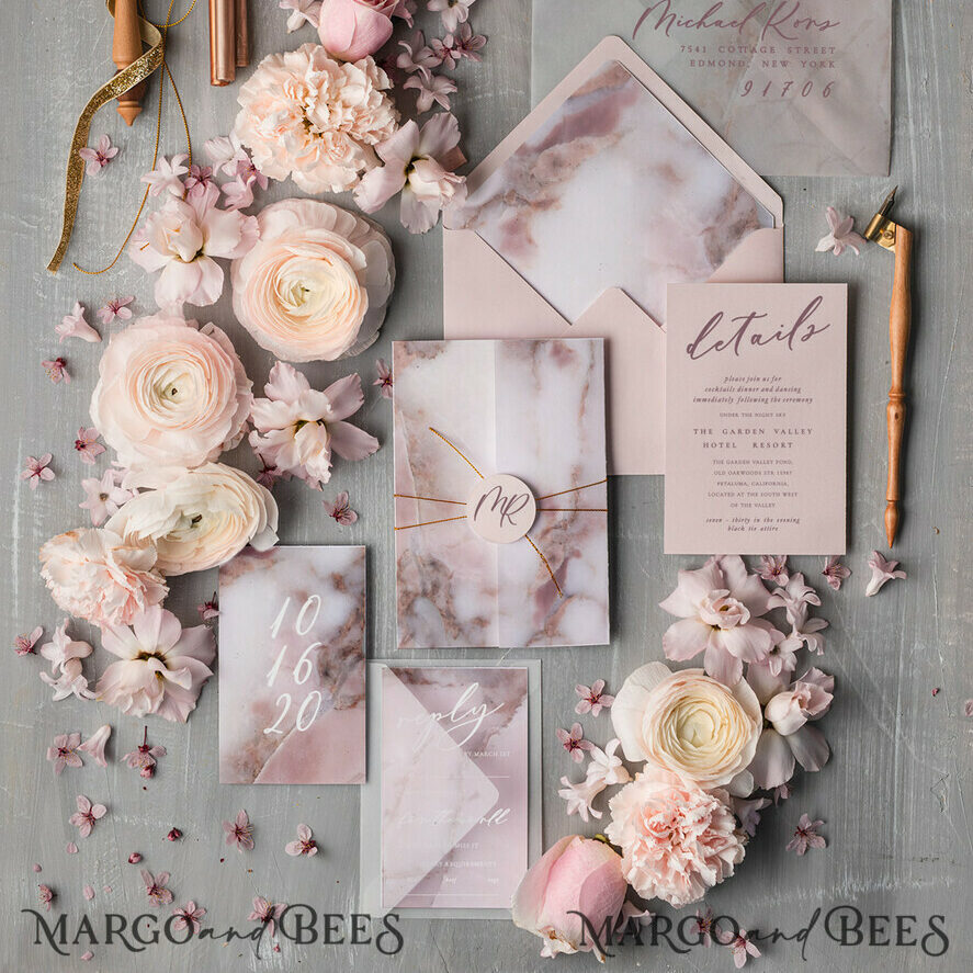 Romantic Blush Pink Wedding Invites, Elegant Marble Wedding Invitations, Minimalistic Booklet Wedding Cards, Luxury Golden Shine Wedding Invitation Suite