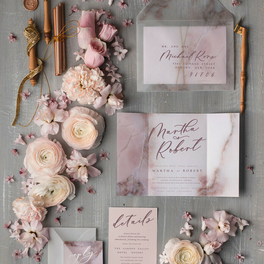 Romantic Blush Pink Wedding Invites, Elegant Marble Wedding Invitations, Minimalistic Booklet Wedding Cards, Luxury Golden Shine Wedding Invitation Suite