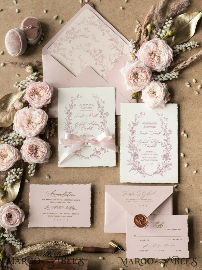 Dusty Rose Wedding Invitations, Wildflower Wedding invitations, Vintage Blush Pink Invitation Set, Floral Wedding Invitation, Romantic Wedding Invites