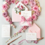 Romantic Blush Pink Wedding Invitations: Vintage Floral Suite with Elegant Hand Dyed Bow and Glamourous Peony Stationery