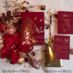 Luxury Golden Arabic Wedding Invitations: Elegant Plexi Acrylic, Bespoke Burgundy Indian Wedding Cards with Glamour Golden Shine Wedding Stationery