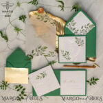 “Exquisite Elegance: Luxury Gold Foil Wedding Invitations with Glamour Greenery and Geometric Vellum in Elegant Pocketfold Wedding Cards”