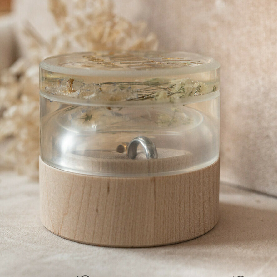 epoxy resin & wood wedding ring box for ceremony, Boho Epoxy Wedding Ring Boxes his hers, Transparent Epoxy dubble Ring Box for wedding, Wood resin flowers Marriage Proposal Ring Box