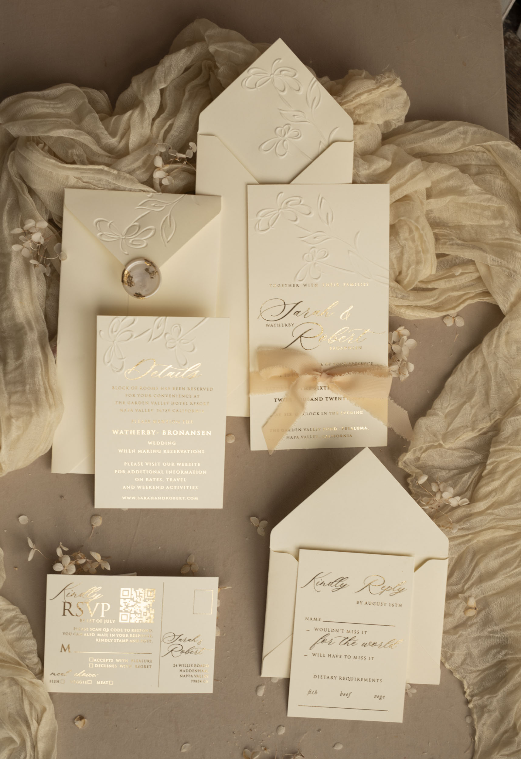 Elegant Simplicity: White & Gold Engraved Wedding Invitations with Beige Ribbon and Floral Patterns