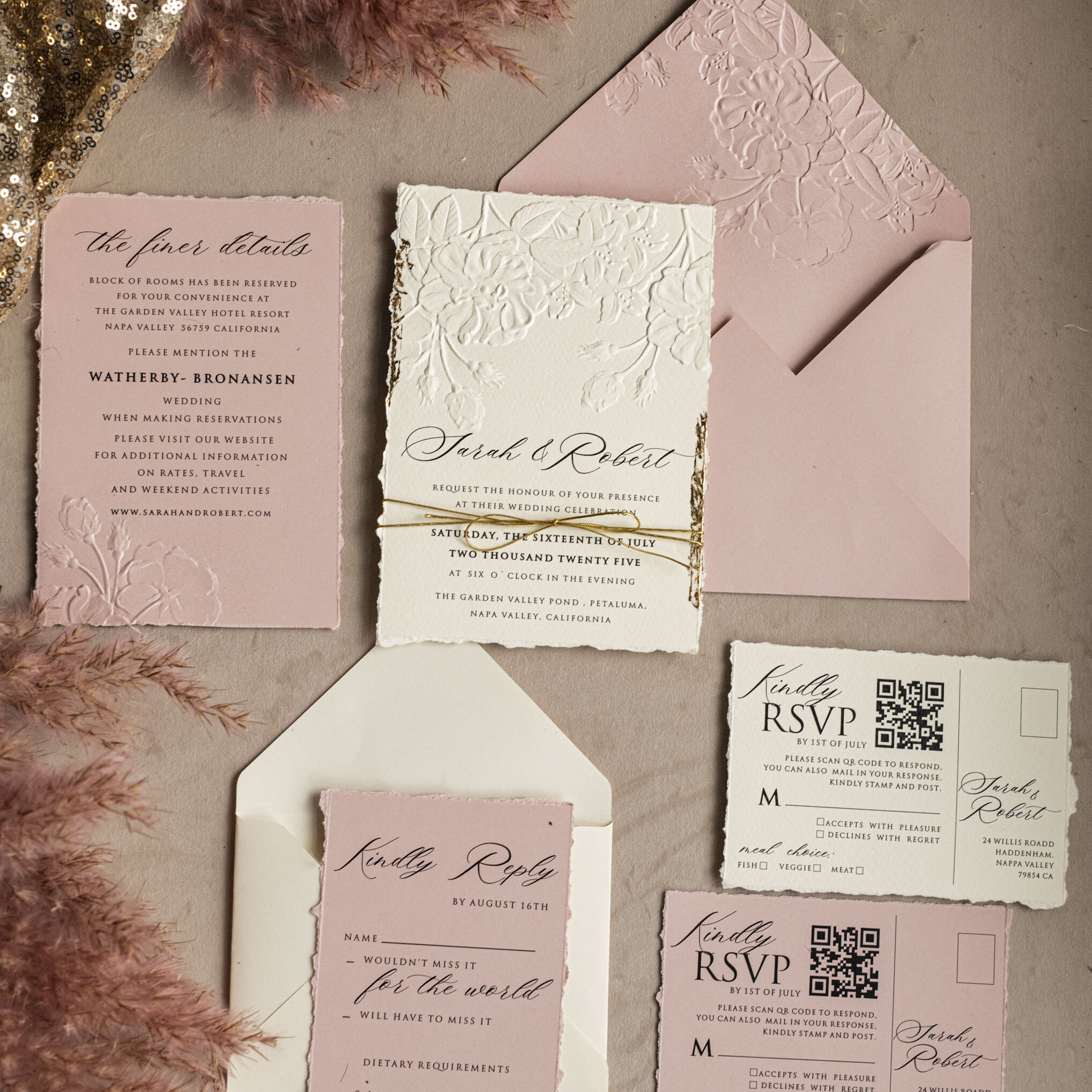 Embracing Tomorrow: Blush Pink Floral Elegance in Modern Invitations with Engraved Patterns