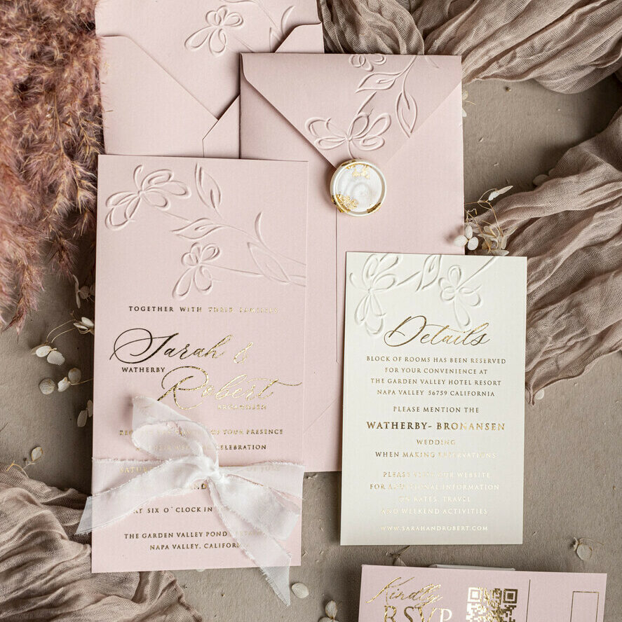 Timeless Blush: Elegant Wedding Invitations with Engraved Patterns and a Touch of Minimalistic Glamour