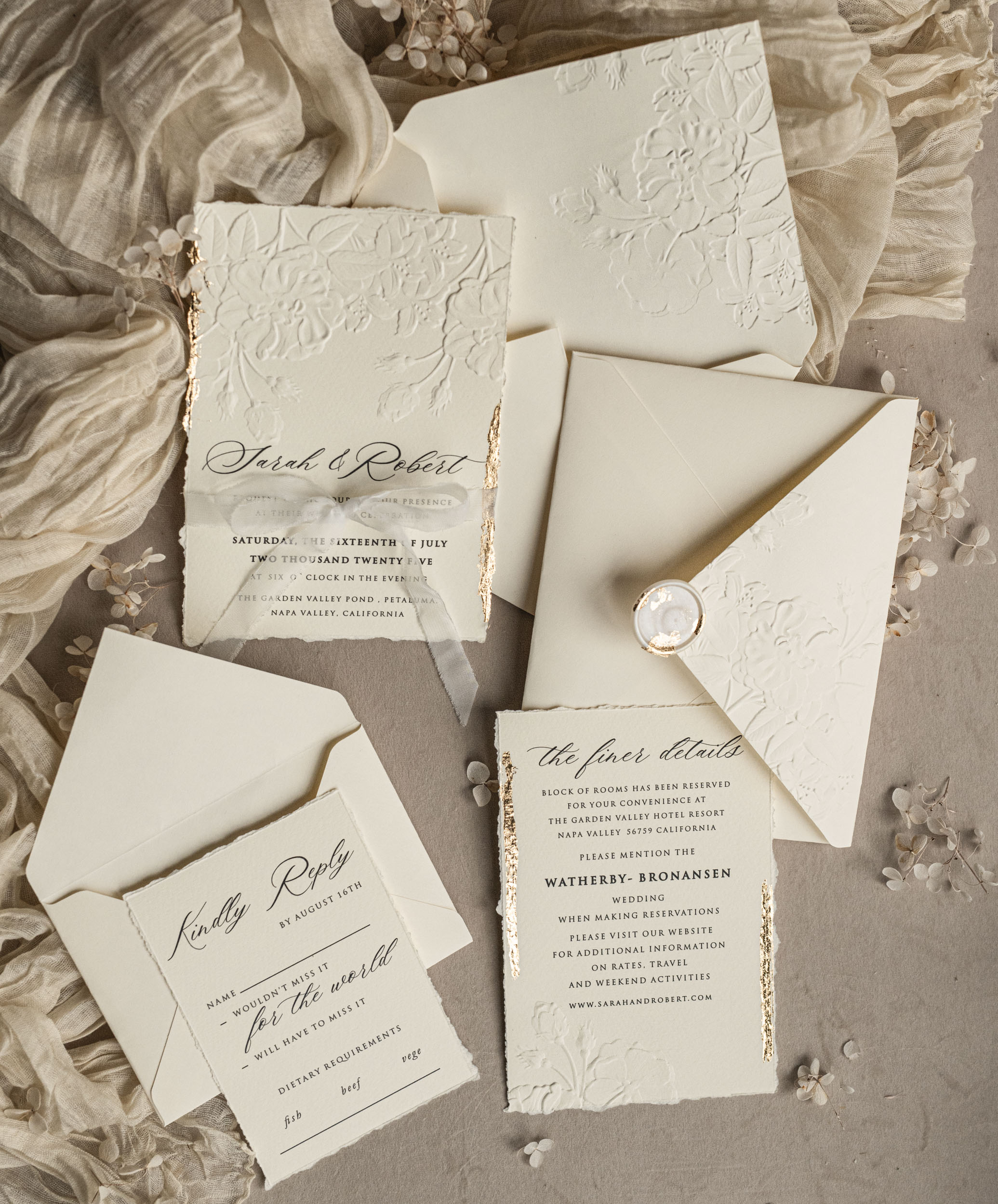Ivory & Gold Elegance: Fine Art Embossed Wedding Invitations with Torn Edges, Floral Engraving, and Gilded Details