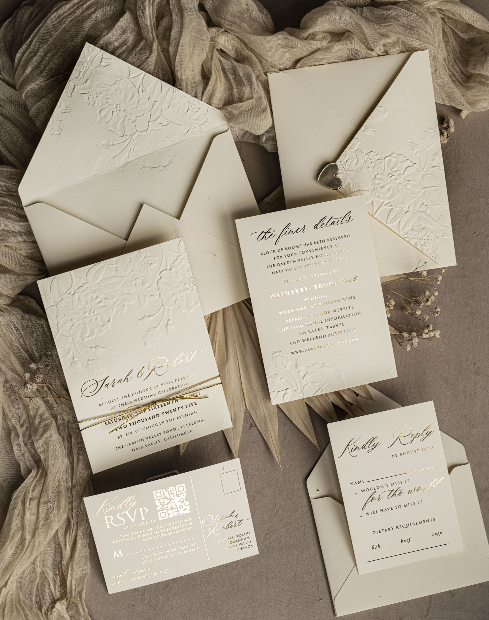 Unveiling Timeless Beauty: Ivory & Gold Wedding Invitations with Floral Engraved Patterns, Golden Accents, and Minimalistic Elegance