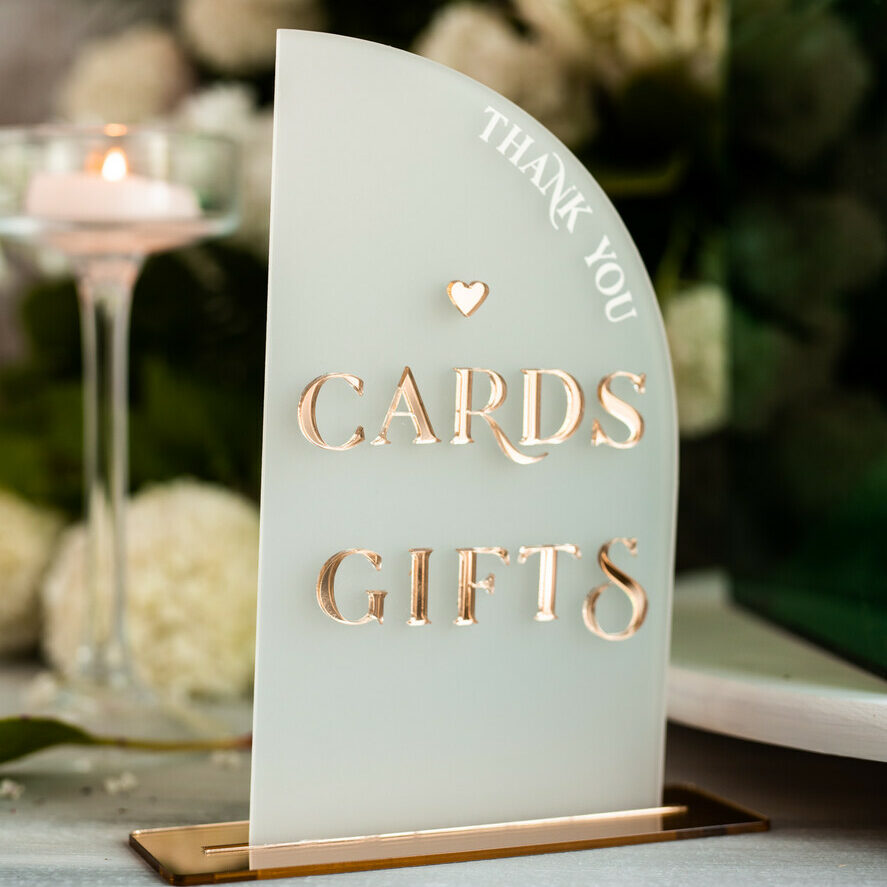 Frosted Acrylic Cards And Gifts Sign, Frozen Acrylic And Gold Sign, Gold Plexi Sign, Luxury Wedding Table Decor, Wedding Signage Golden Mirror Cards
