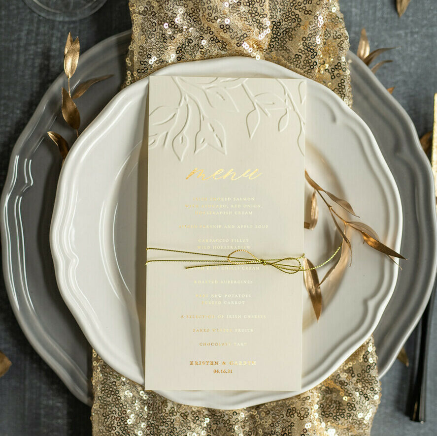 Embossed Ivory Wedding Menu, Elegant Wedding Menu Cards With Floral Motif, Luxury Wedding Menu With Gold Foil, Leaf Wedding Menu With Gold Foil And Golden Twine