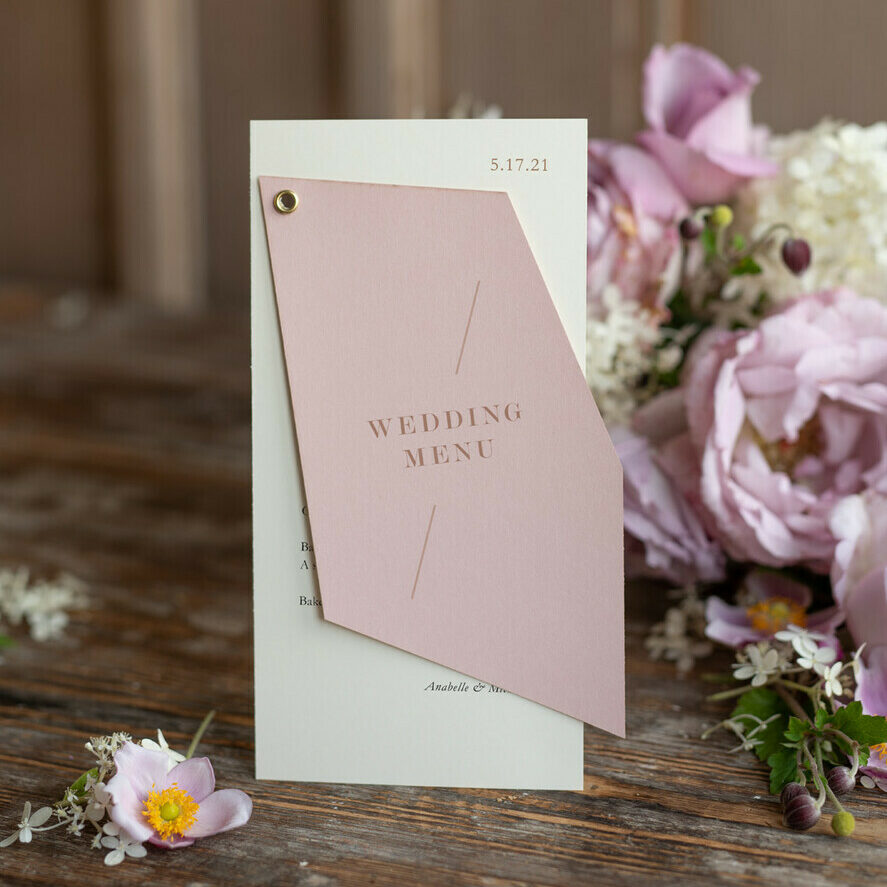 Geometric Minimalist Wedding Menu, Custom Blush and Ivory Double Menu Cards, Modern Handmade Geometric Wedding Menu, Simple Pink and Ecru Wedding Menu Cards