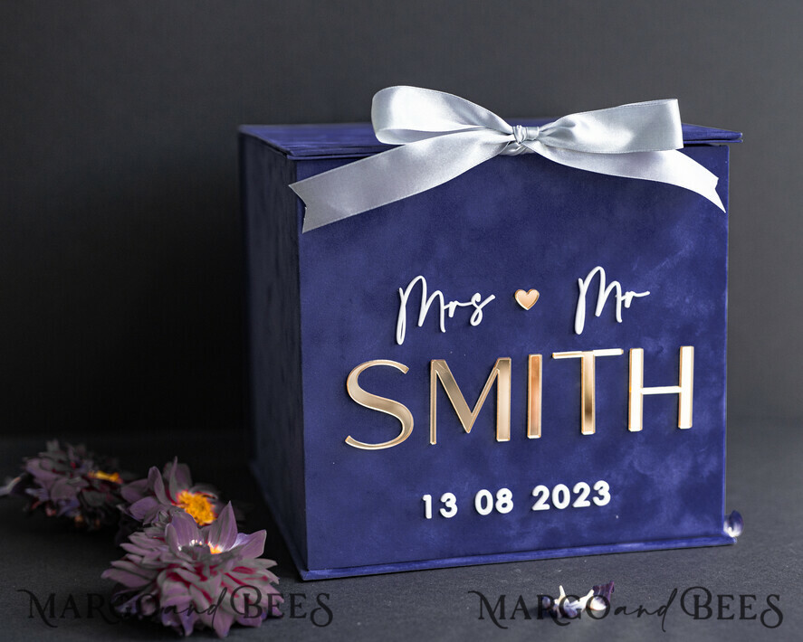 Gift Card Box & Cards, Velvet Navy Blue wedding wishing well money gift card box, Personalized Wedding Card Box, Luxury Card Box, Wedding Card Box with Lid, Wedding Money Box, Wedding Card Box