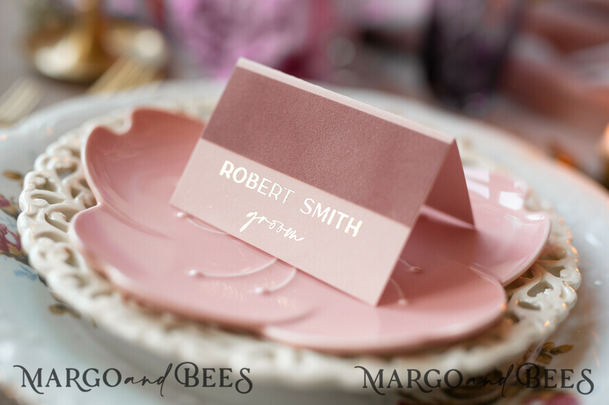 Elegant Blush Pink Velvet Place Cards, Blush Pink Luxurious Seating Cards with real gold foil printout, Romantic Escort Cards for Your Wedding Tables