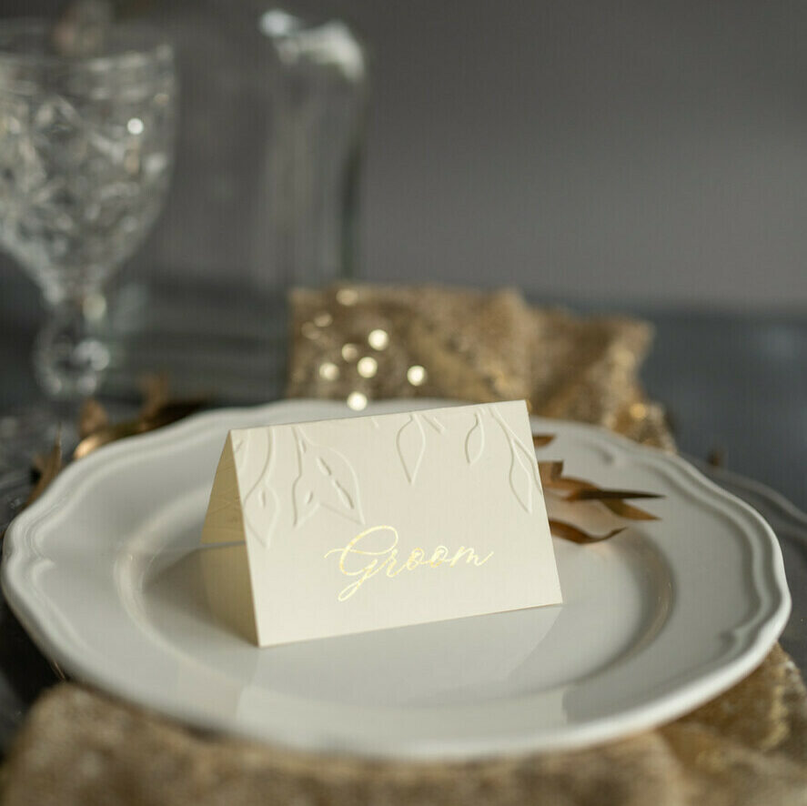 Elegant Embossed Ivory Wedding Place Card with Gold Printout, Delicate Name Tags, Romantic Ivory Wedding Stationery, Luxury Real Gold Foil Wedding Place Cards