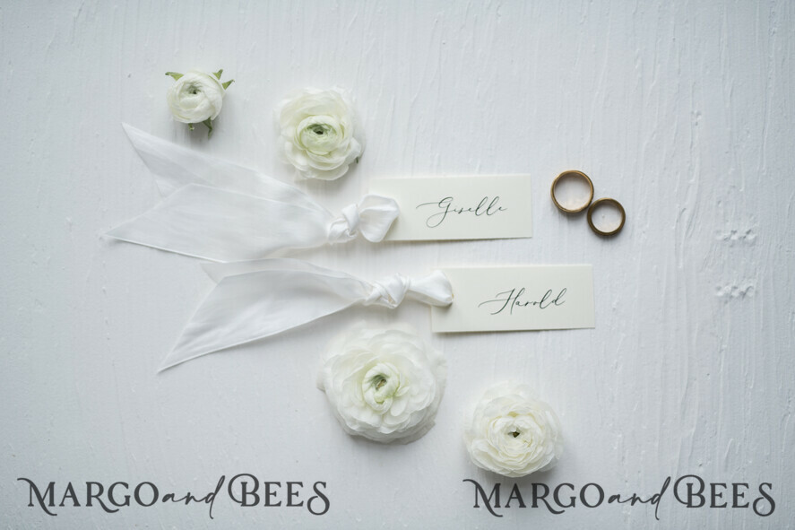 Romantic Ivory Wedding Place Cards, Silk White Ribbon Wedding Cards, Elegant Wedding Name Tags, Minimalist Place Cards, Simple Custom Wedding Table Place Cards
