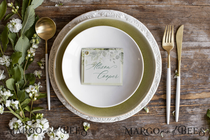 Botanical Wedding Place Cards, Elegant Green Name Tags, Italian Style Seating Table Decor, Simple Romantic Vellum Place Card, Tuscany Name Tag, Editable Wording