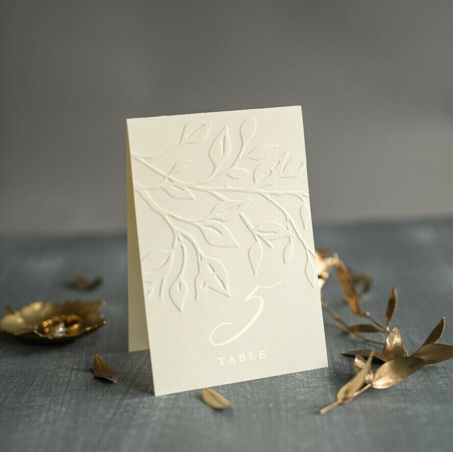 Gold Foil and Floral Embossed Wedding Table Numbers, Letterpress Table Cards, Elegant Floral Table Decor, Glamour Embossed Wedding Stationery, Editable wording