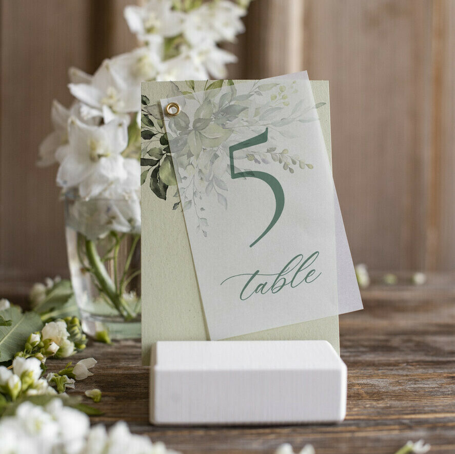 Tuscany Botanical Wedding Table Numbers, Elegant Green Table Cards, Italian Style Table Décor, Simple Romantic Vellum Table Signs, Modern Olive Table Numbers