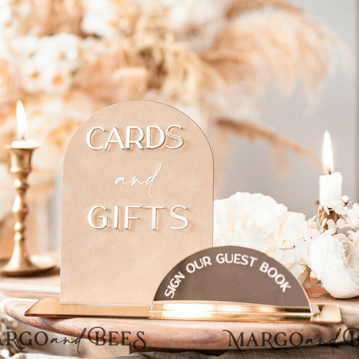 Golden Acrylic gifts & cards signs with stand, Beige Velvet and gold guestbook Sign, Golden Plexi gifts & cards signs, Luxury Wedding guestbook Decor Centerpieces