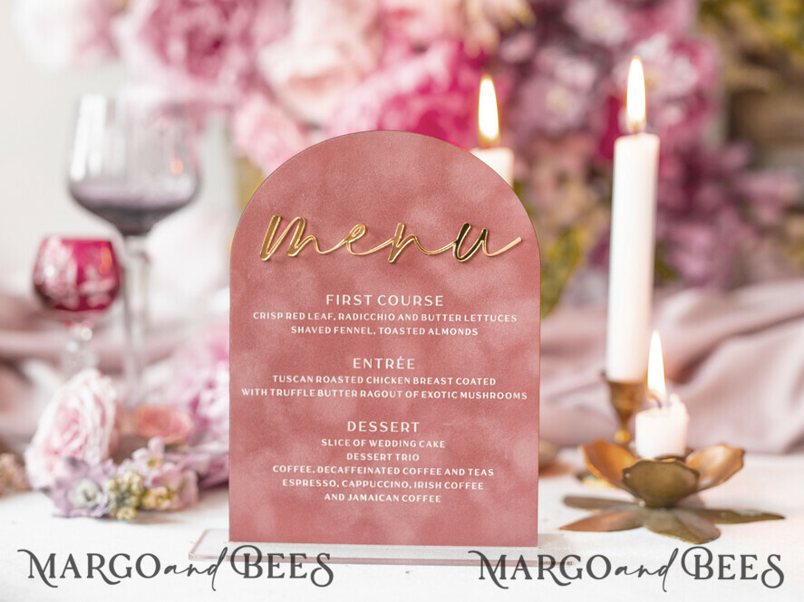 Luxury Velvet Arch Menu with stand, blush pink and Gold Mirror Wedding Table Decor, Menu 3D Golden Letters and White Lettering, Pink menu with base, personalized wedding detail, glamour party decor