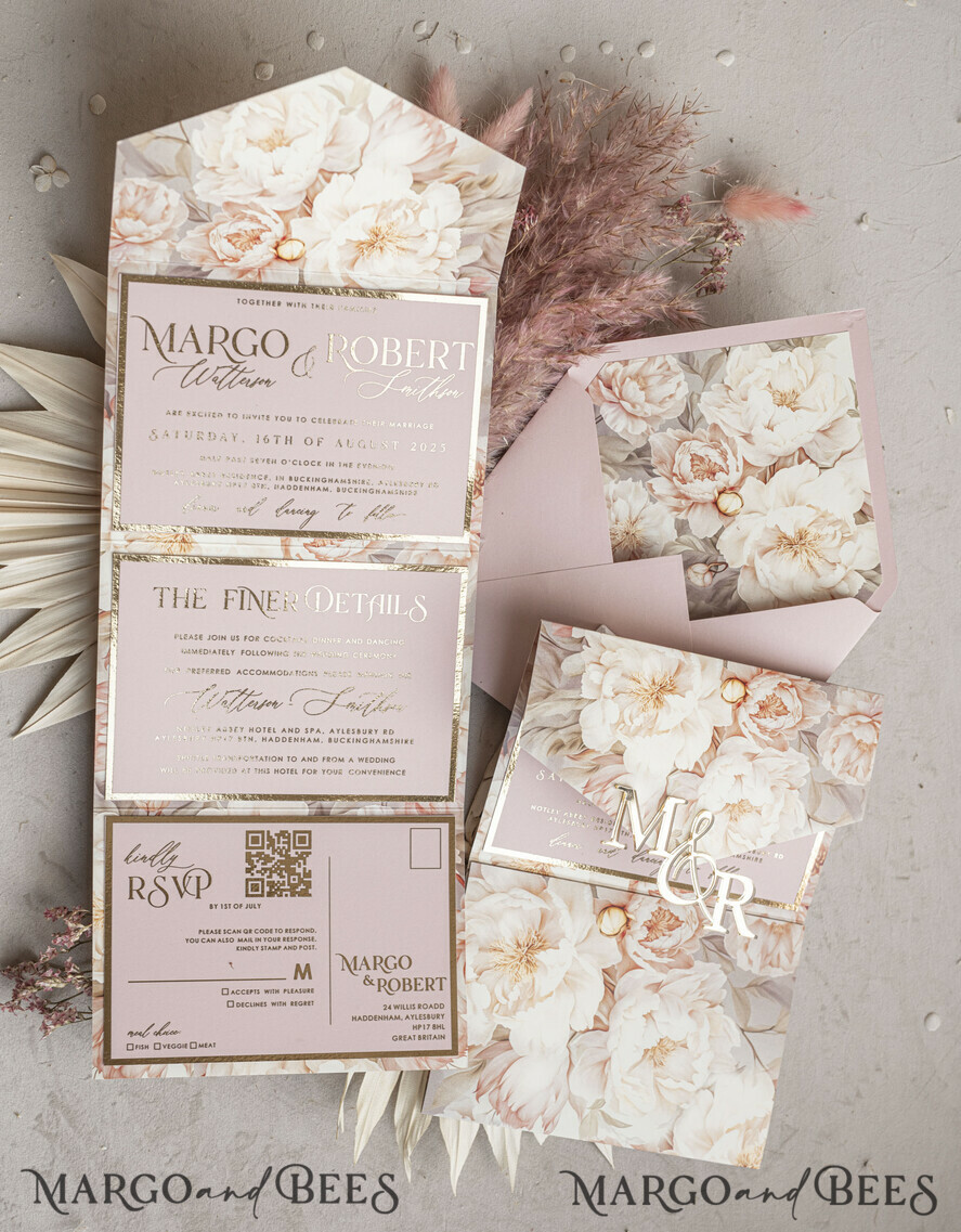 Allure in Bloom: Blush Pink Floral Print Wedding Invitations with Golden Initials Seal, 3-Fold Elegance, Floral Envelope for a Touch of Glamour