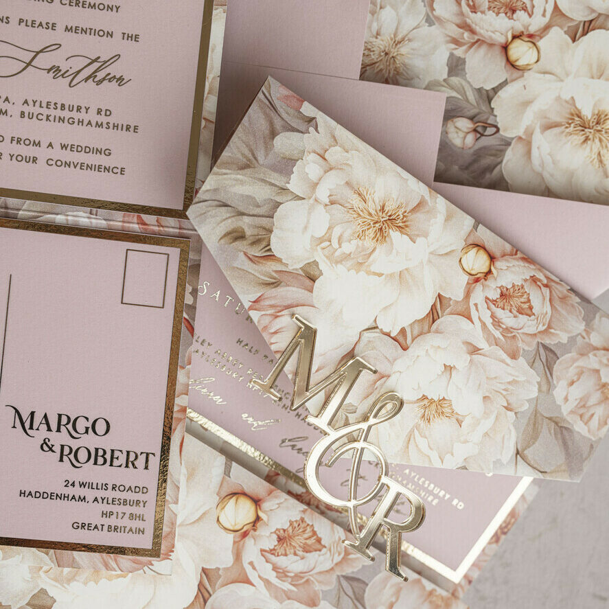3 fold Luxury Blush Pink Mirror gold Wedding Invitations, Elegant nude Wedding Cards, Glamour Acrylic Monogram Wedding Invites, Mirror Plexi Wedding Invitation Suite