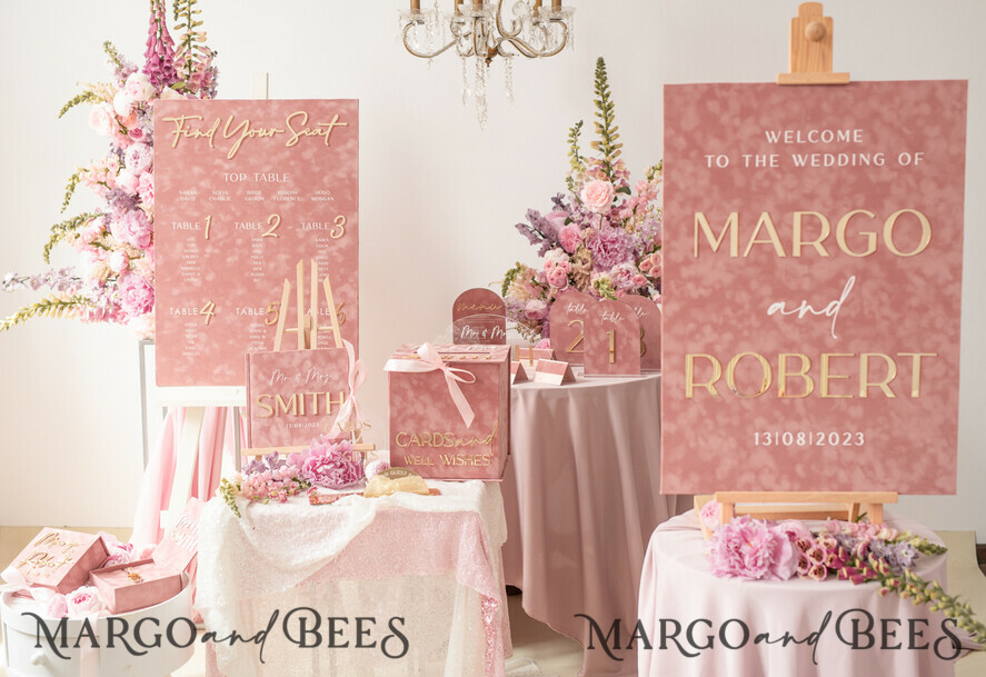 Luxury Velvet blush pink Wedding Welcome Sign, Golden Wedding Decor, Personalised Wedding Sign, Wedding Gift, Welcome Wedding Board BpPXSet