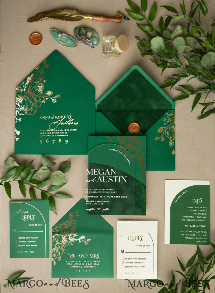 Arch Gold Acrylic wedding invitation suite, Velvet Pocket Green Wedding Invites, Glamour Wedding Invitations, Greenery Wedding Set