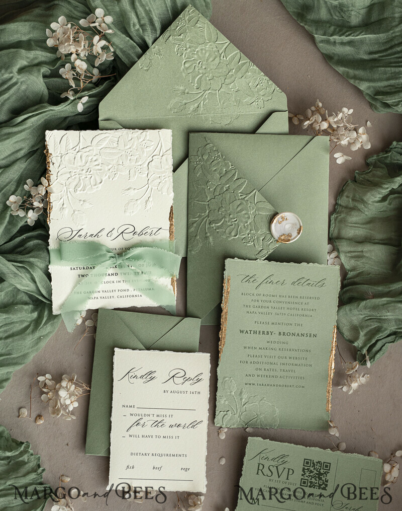 Sage green wedding. Personalized Embossed Sage Green Wedding Invitation with Gold Accent, Cotton Paper Wedding Invitation Package, Wedding Invitations with Torn Gold Edge