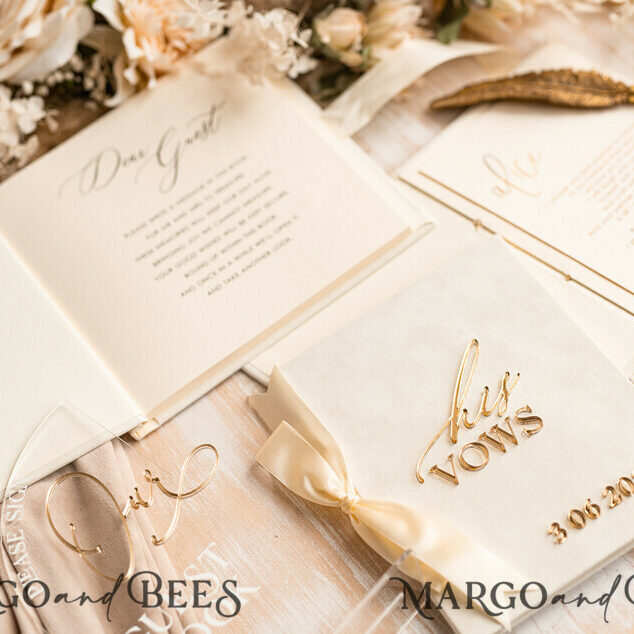 Ivory Golden Bundle Presonalised Wedding Guest Book & Custom Made Wedding Vows set of two - Bundle guestbook and vows books