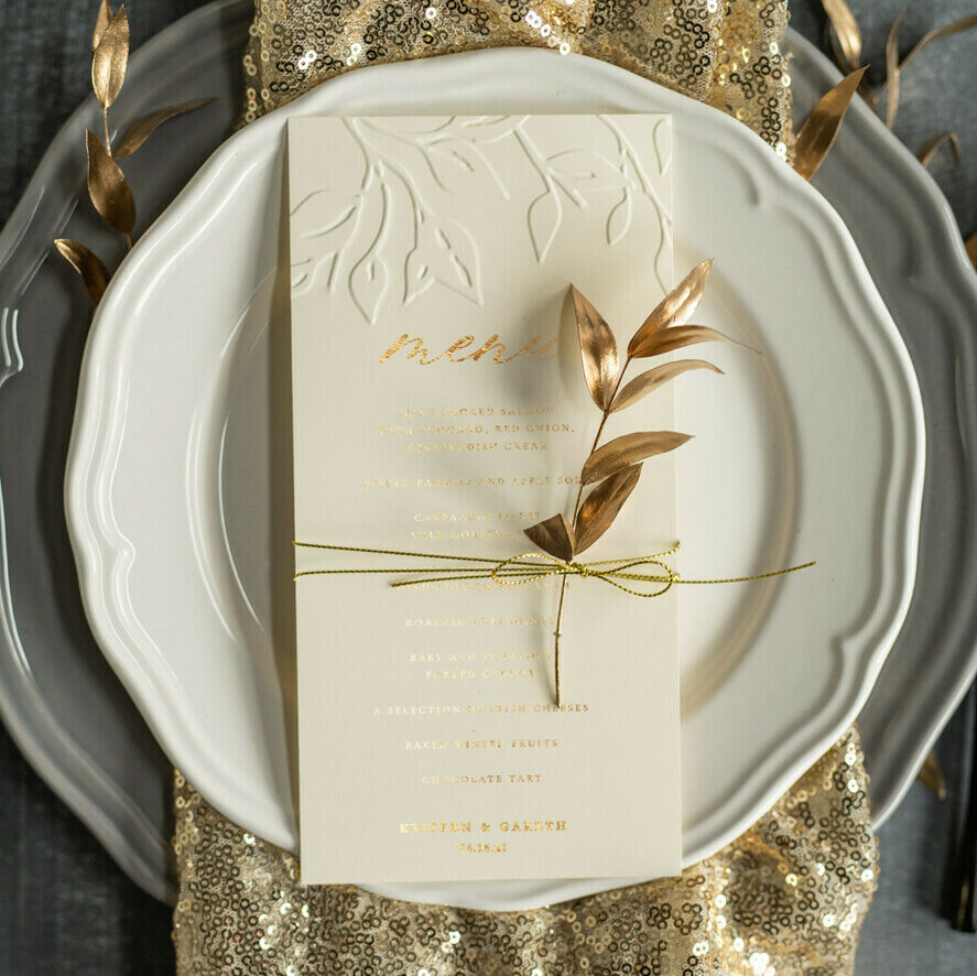 Embossed Ivory Wedding Menu, Elegant Wedding Menu Cards With Floral Motif, Luxury Wedding Menu With Gold Foil, Leaf Wedding Menu With Gold Foil And Golden Twine