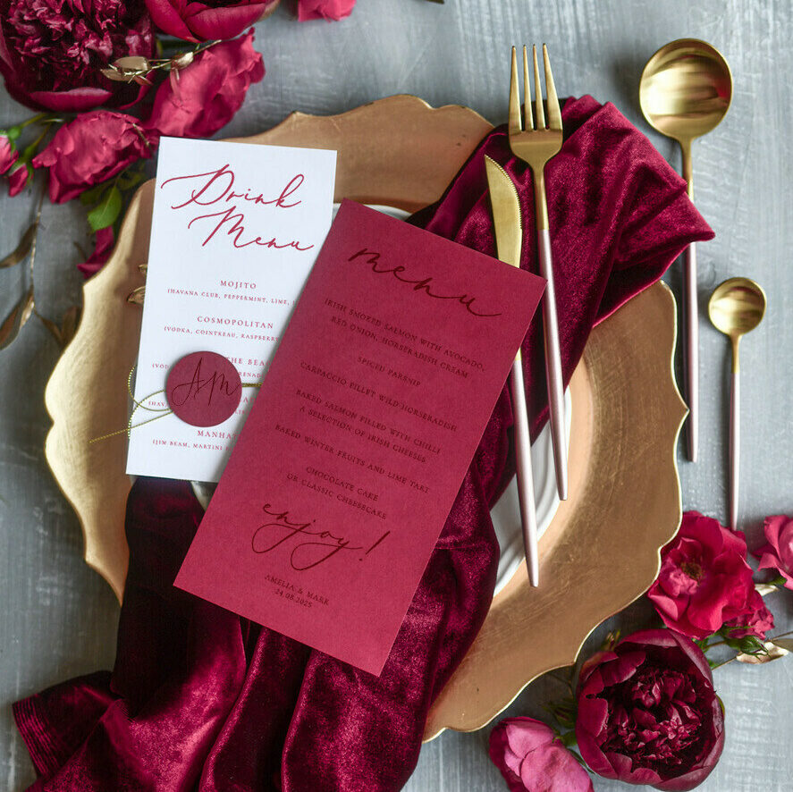 Romantic Red And White Wedding Menu, Elegant Handmade Minimalistic Wedding Menu Cards With Monogram Tag and Twine, Luxury Burgundy Wedding Dinner Menu Cards