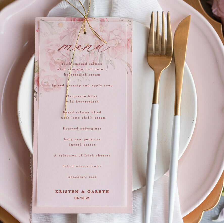 Romantic Floral Wedding Menu, Elegant Blush Pink Wedding Menus With Vellum Cover And Twine, Glamour Pink Wedding Menu Cards, Luxury Boho Floral Wedding Menu