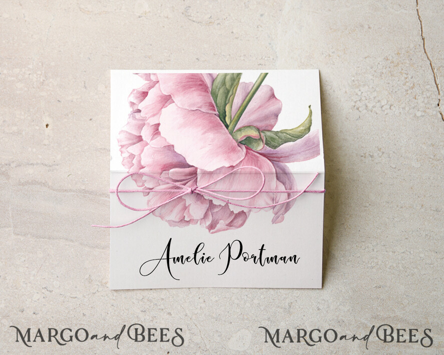 Romantic White Wedding Place Card with Pink Twine, Elegant Floral Graphic, Delicate Black Lettering, Modern Wedding Stationery, Custom Text Peonies Escort Cards