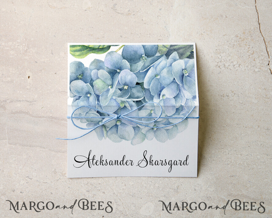 Delicate White Wedding Place Cards with Blue Twine, Elegant Dusty Blue Floral Graphic, Modern Design Wedding Name Tags, Hydrangea Custom Guest Names Cards